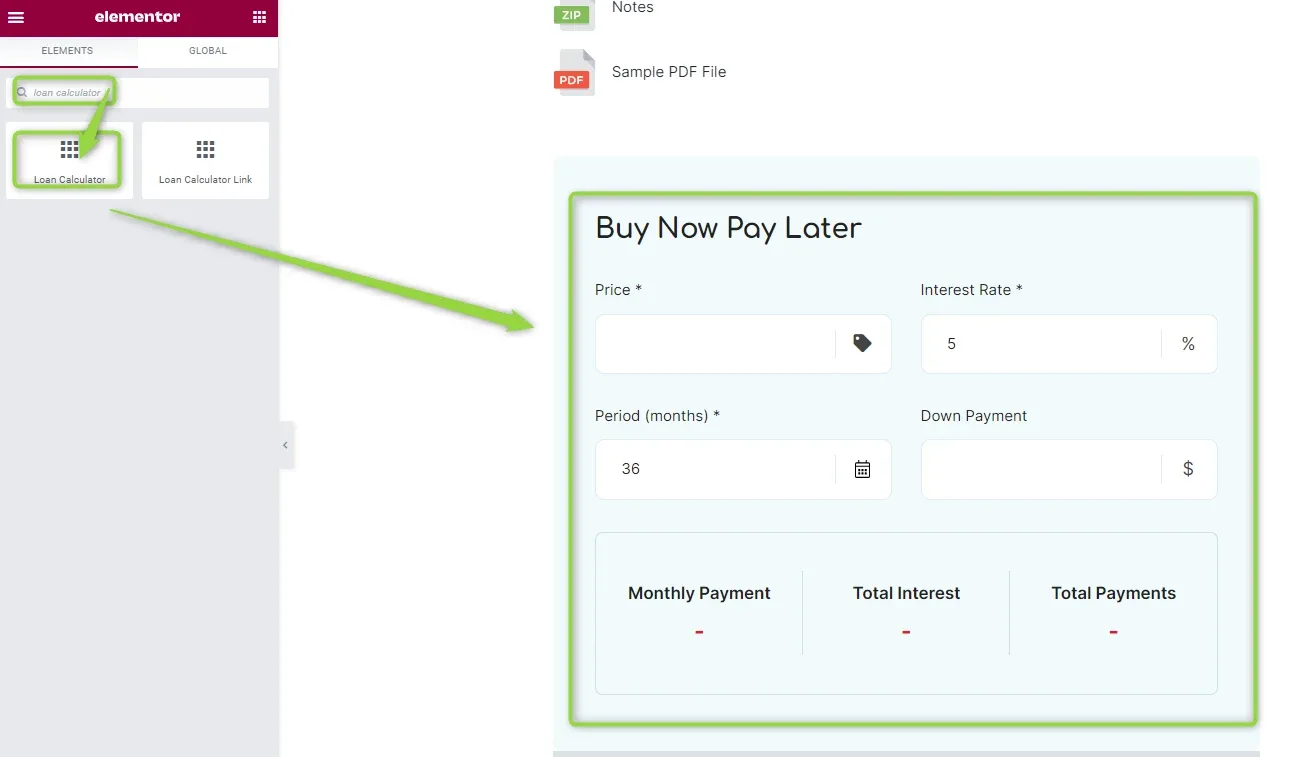 The Elementor widget panel showing the Loan Calculator widget, with an arrow to the calculator placed on the page: Price, Interest Rate, Period (months) and Down Payment fields above Monthly Payment, Total Interest and Total Payments.
