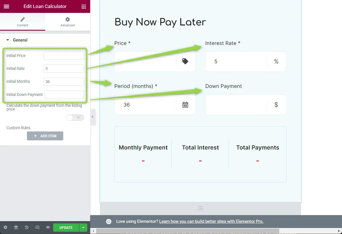 Elementor's Edit Loan Calculator panel with the Initial Price, Initial Rate, Initial Months and Initial Down Payment settings, arrows linking each one to the matching field in the calculator preview.