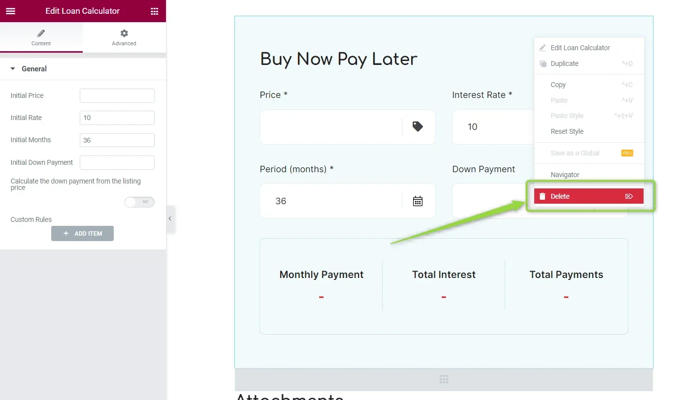 The Elementor right-click context menu over the Loan Calculator widget, with the red Delete entry highlighted.