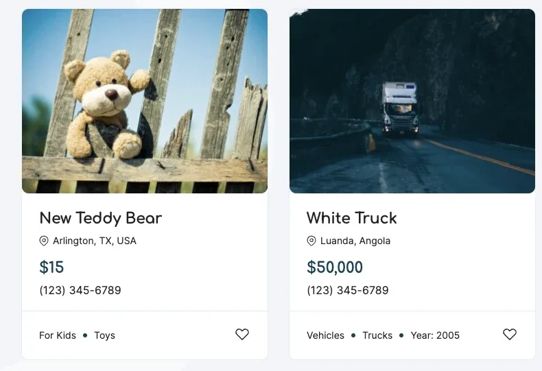 Two listing cards, New Teddy Bear at $15 and White Truck at $50,000, each showing the phone number (123) 345-6789 under the price