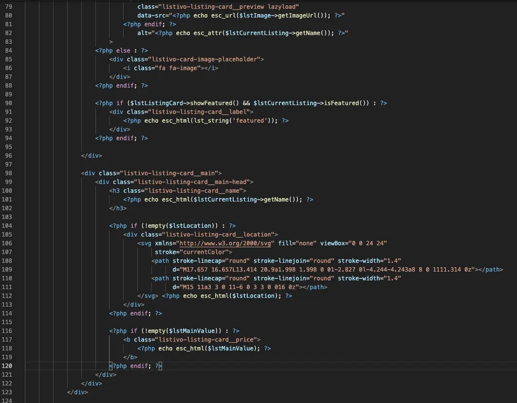 listing_card.php open in a dark code editor, scrolled to the card markup around the location and price blocks