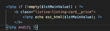 Close-up of the price block: an if statement on $lstMainValue printing a b element with the class listivo-listing-card__price