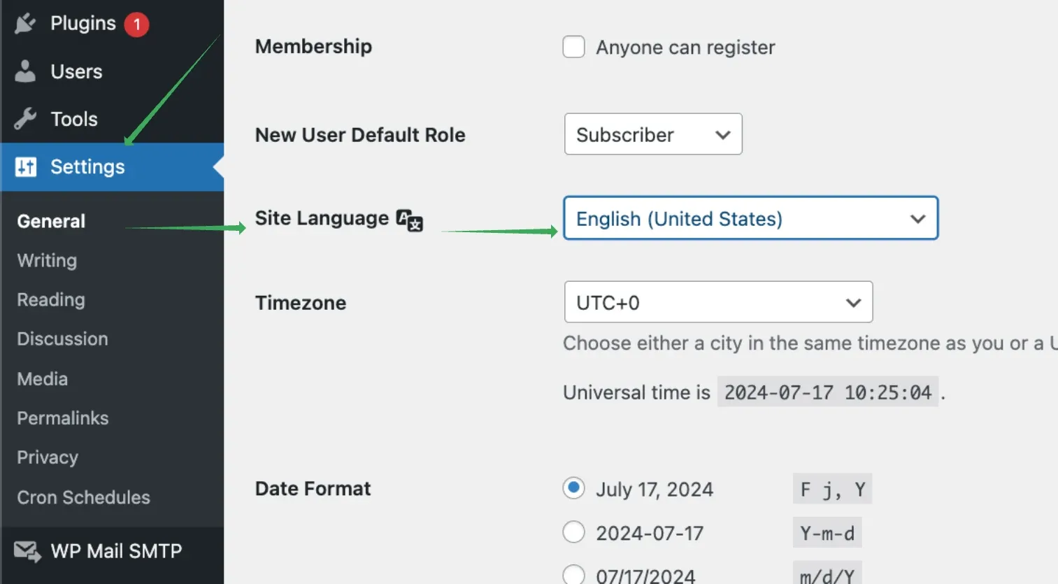 WordPress Settings > General screen with the Site Language dropdown highlighted and set to English (United States).