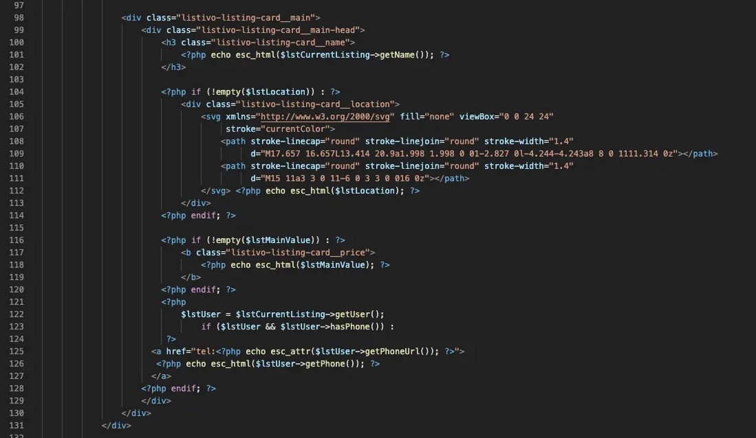 The same file with the added PHP below the price block: $lstUser = $lstCurrentListing->getUser() and a tel: link printing the user's phone number
