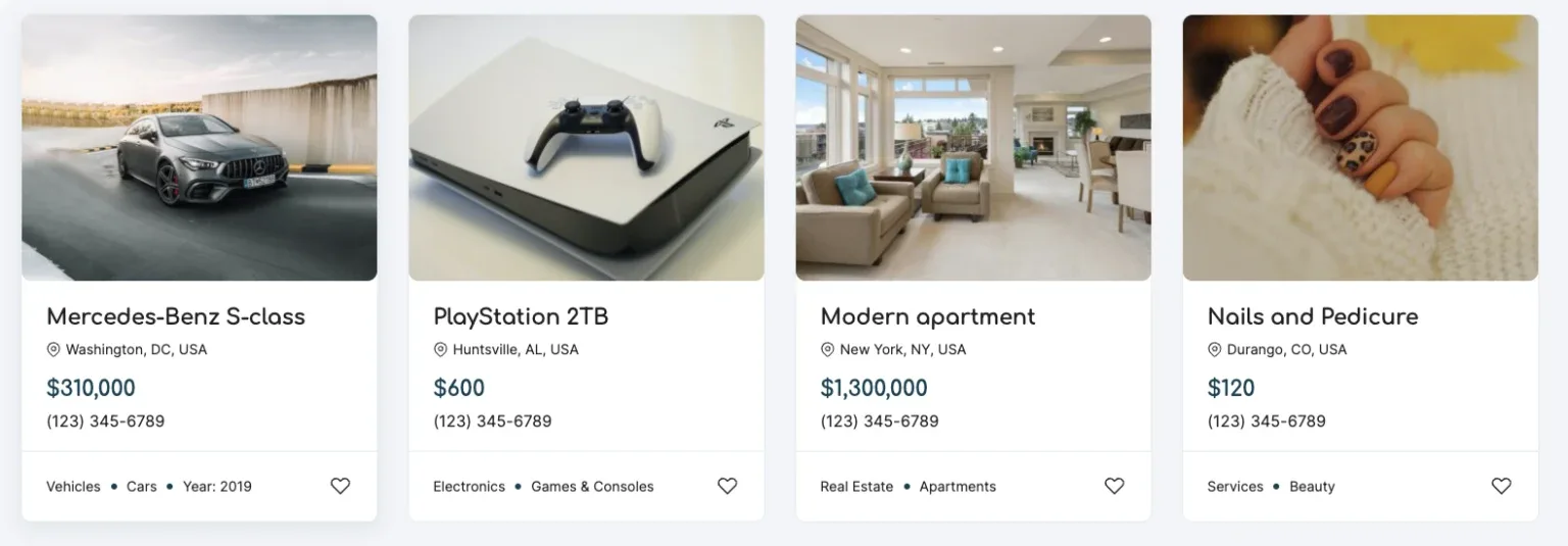 A row of four listing cards - a car, a games console, an apartment and a nail salon - each showing the phone number (123) 345-6789 under the price