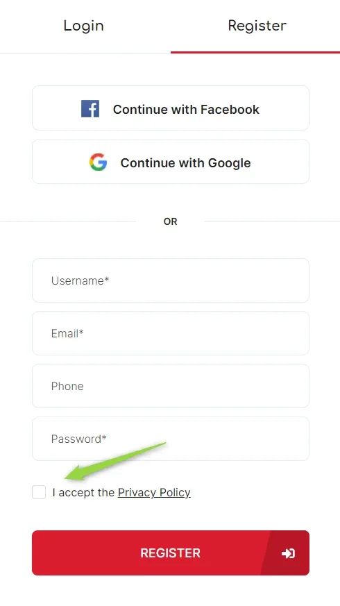 The Register tab of the front-end form, with Continue with Facebook and Continue with Google buttons, Username, Email, Phone and Password fields, and an arrow pointing at the unticked “I accept the Privacy Policy” checkbox above the Register button.