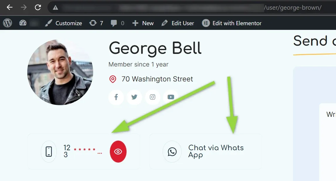 A user profile page where the hidden phone number breaks across two lines and the chat button label wraps to read Chat via Whats App, with green arrows pointing at both