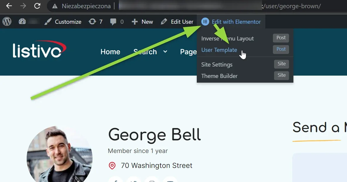 The WordPress admin bar with the Edit with Elementor menu open and User Template highlighted, above a user profile page