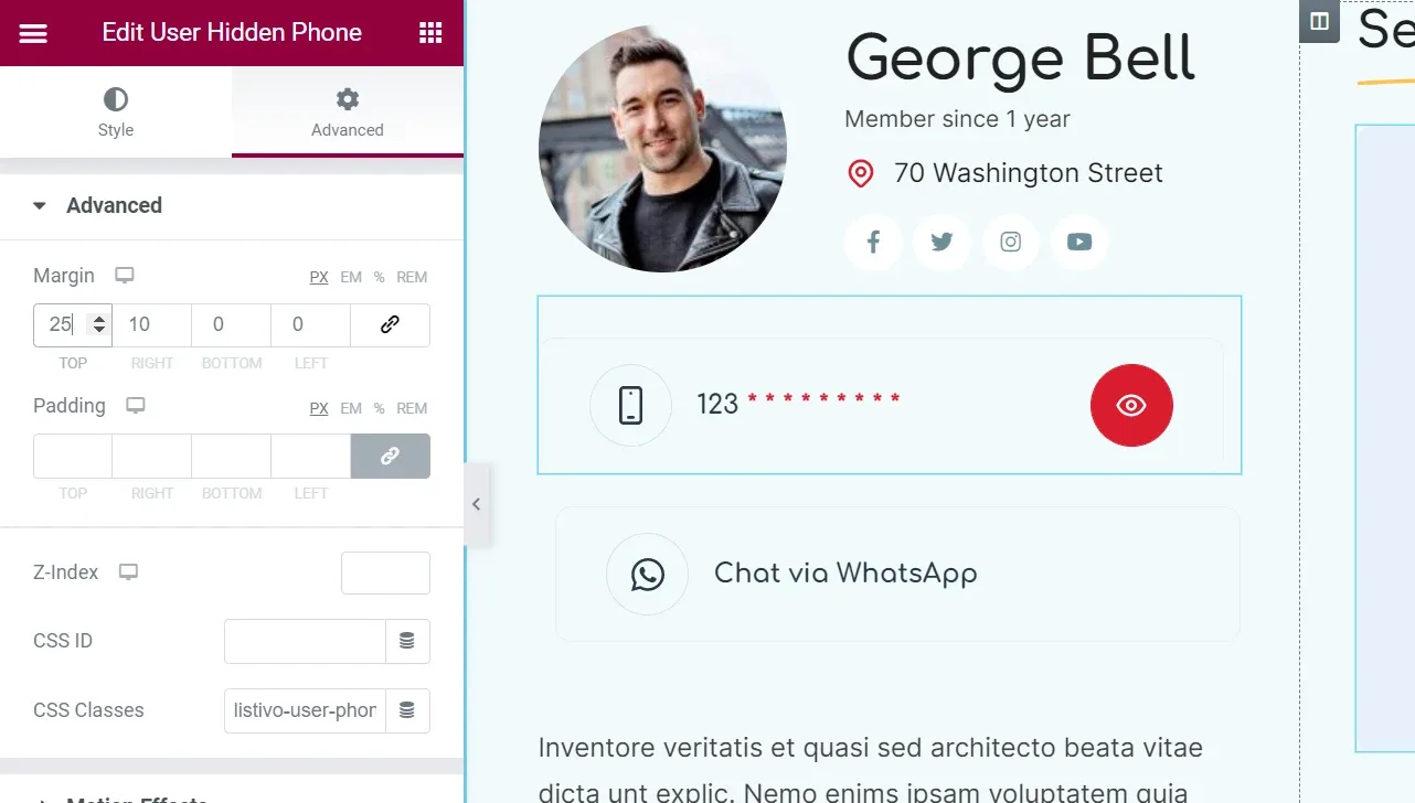 The Elementor editor with the Edit User Hidden Phone panel open on the Advanced tab showing margin and padding fields, next to the user page preview with the phone widget and a Chat via WhatsApp button