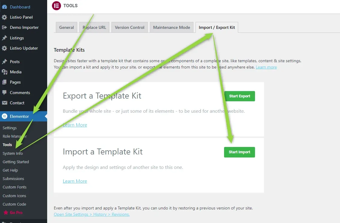 The Elementor Tools screen on the Import / Export Kit tab, with arrows pointing to Tools in the sidebar and to the green Start Import button