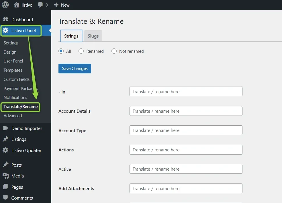 Translate & Rename screen in the Listivo Panel, Strings tab, listing theme texts such as Account Details and Actions, each with a "Translate / rename here" field.