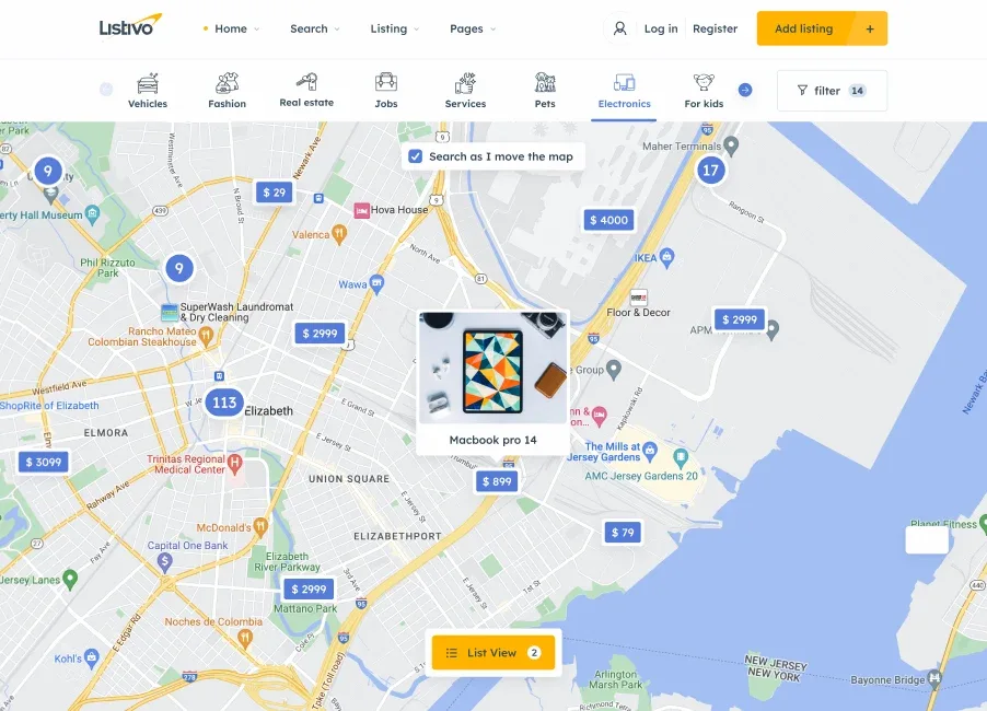 Full-width city map covered with price pins, a Search as I move the map checkbox at the top and a yellow List View button at the bottom