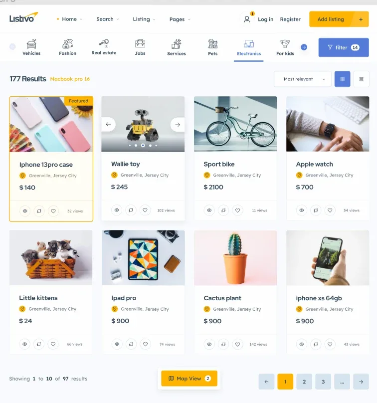 The same search shown as a grid of listing cards with category tabs and pagination, and a yellow Map View button at the bottom