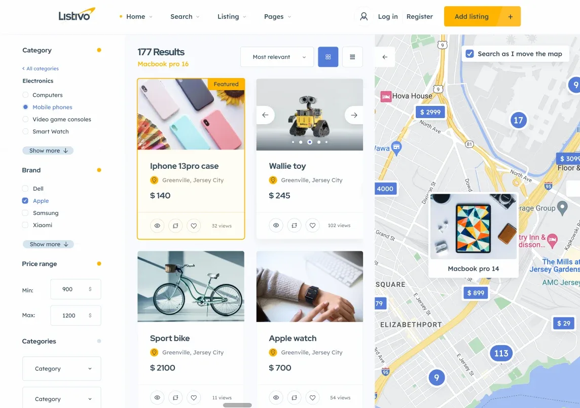 Three-column search page: filter sidebar on the left, listing cards in the middle, map with price pins on the right
