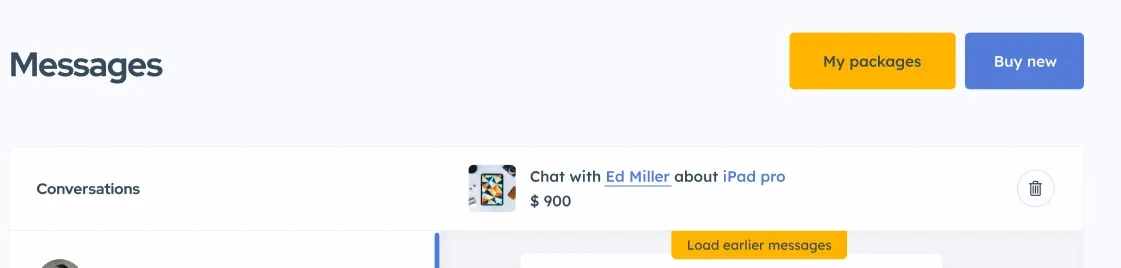 Messages page with one conversation row reading Chat with Ed Miller about iPad pro, $900, and a trash icon on the right