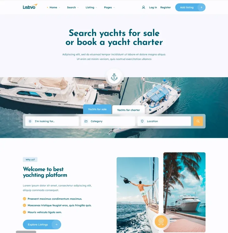 Yacht demo homepage: the heading Search yachts for sale or book a yacht charter above an aerial photo of two yachts, a three-field search bar and a welcome section below