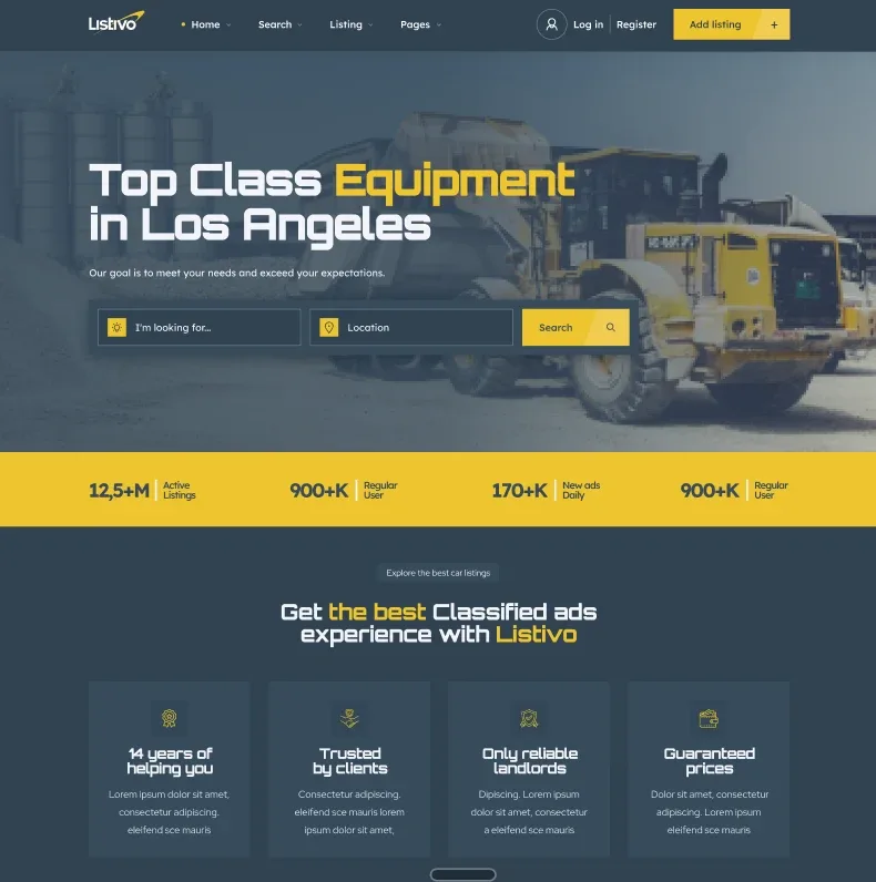 Construction demo homepage in dark navy and yellow: Top Class Equipment in Los Angeles over a photo of a wheel loader, a search bar, and a yellow band of statistics