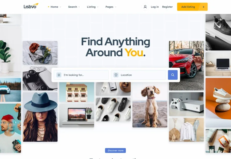 Homepage concept with the headline Find Anything Around You and a search bar, framed by a collage of product photos