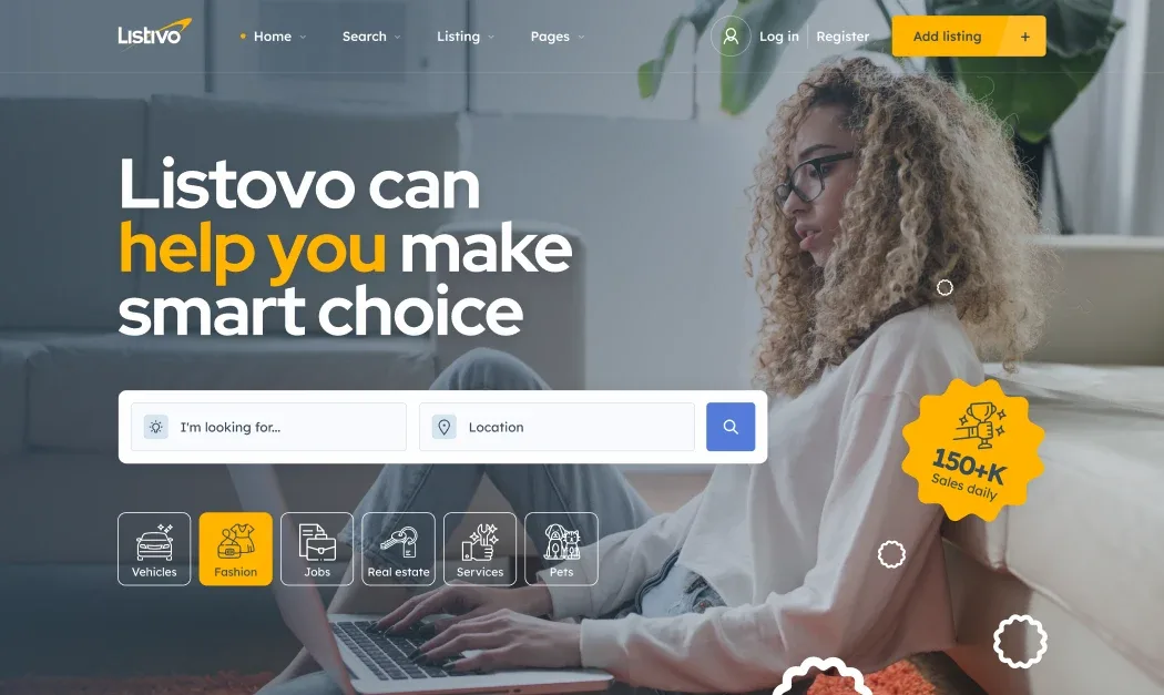 Homepage concept with a headline ending in make smart choice over a photo of a woman with a laptop, a search bar, a row of category icons and a round badge in the corner