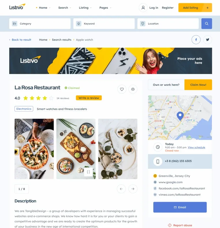 Listing page for La Rosa Restaurant: star rating with reviews and a Write a review button, a photo gallery, a description, and a sidebar with a map, opening hours, phone number and links