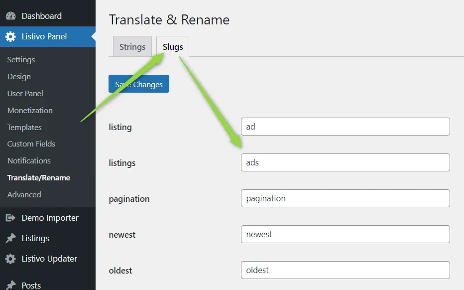 The Slugs tab of Translate & Rename, with the "listing" slug renamed to "ad" and "listings" renamed to "ads".
