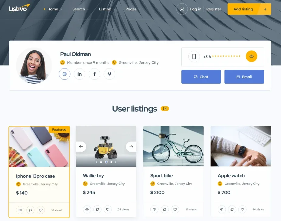 User profile page: a header card with the user's photo, name, member-since date, social icons and Chat and Email buttons, above a grid of that user's listings