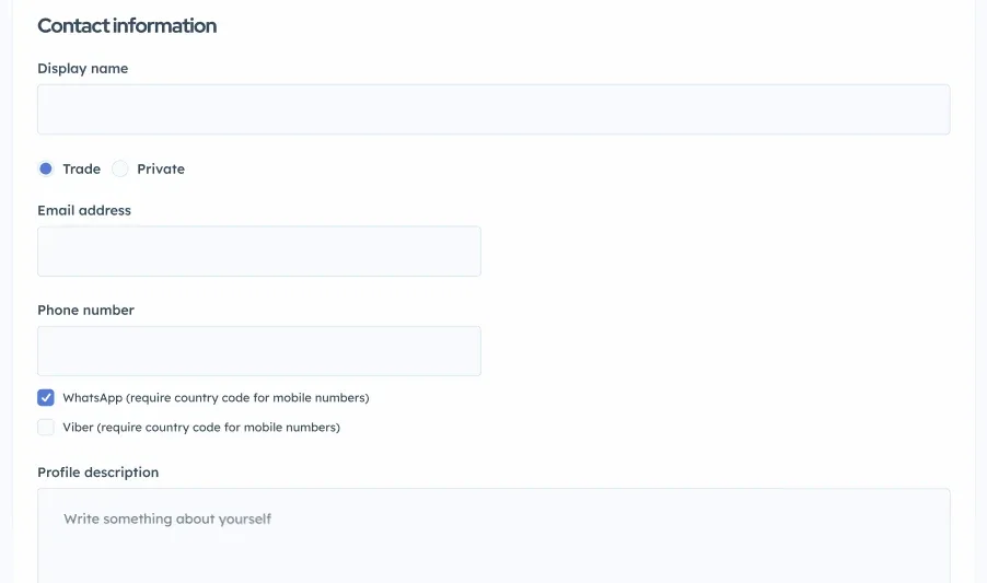 A Contact information form section with Display name, a Trade or Private choice, email address, phone number, WhatsApp and Viber checkboxes and a profile description field