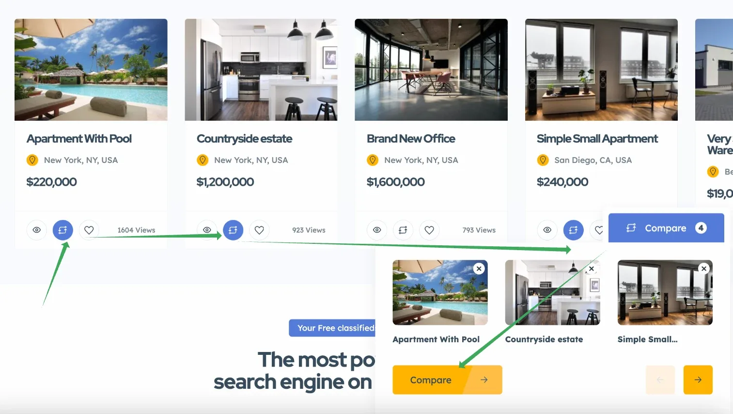 A row of listing cards on the front end, each with a compare icon under the price; a floating bar in the corner holds the selected ads as thumbnails above an orange Compare button.
