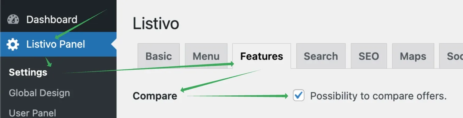 The Listivo Panel settings screen with the Features tab selected and the Compare checkbox, labelled "Possibility to compare offers", ticked.