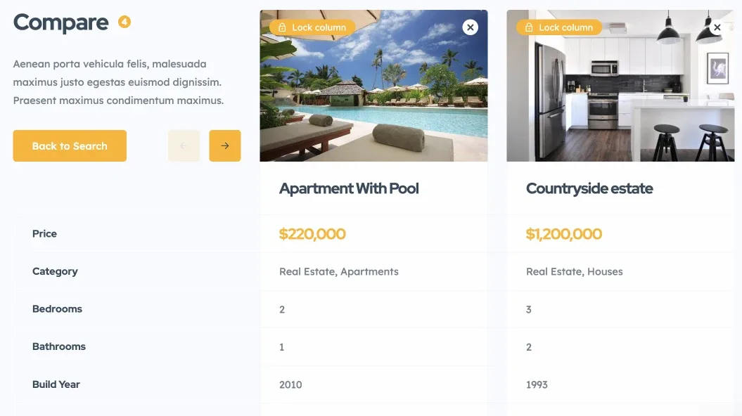 The front-end Compare page: a Compare heading with a paragraph of placeholder text and a Back to Search button on the left, and two ads side by side with rows for Price, Category, Bedrooms, Bathrooms and Build Year.