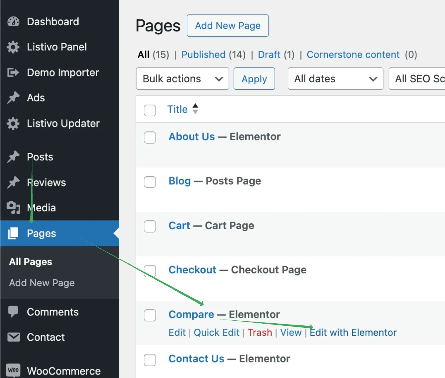 The WordPress Pages list with Pages highlighted in the sidebar and the row actions under the Compare page expanded, pointing at Edit with Elementor.