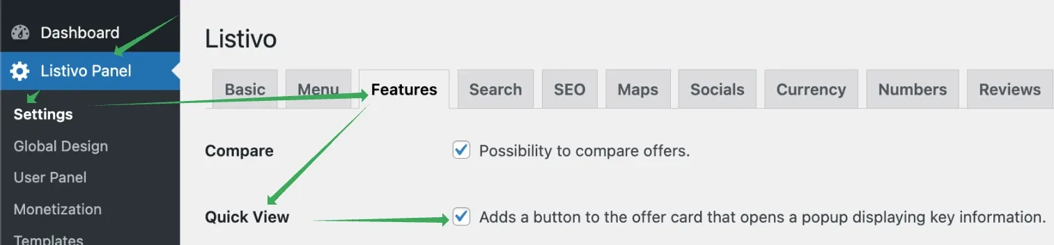 The Listivo Panel with the Features tab open, showing the Compare checkbox and, below it, the ticked Quick View checkbox described as "Adds a button to the offer card that opens a popup displaying key information".