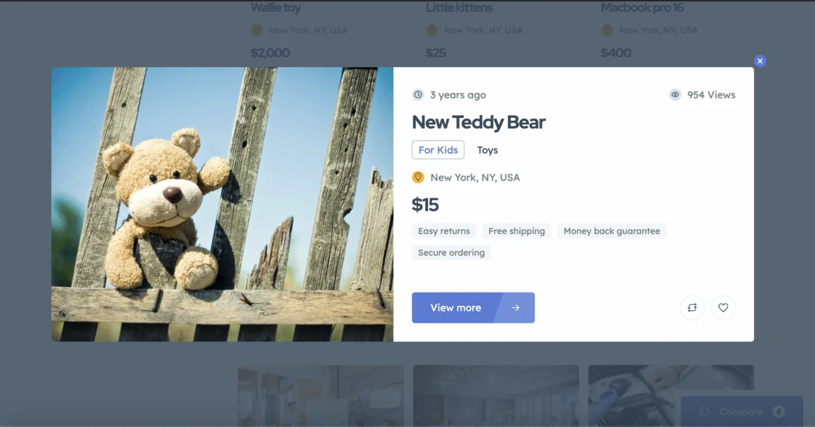 The Quick View popup over a dimmed listing page: the ad photo on the left, and on the right the age of the ad, view count, title, category tags, location, price, a row of small badges and a View more button.