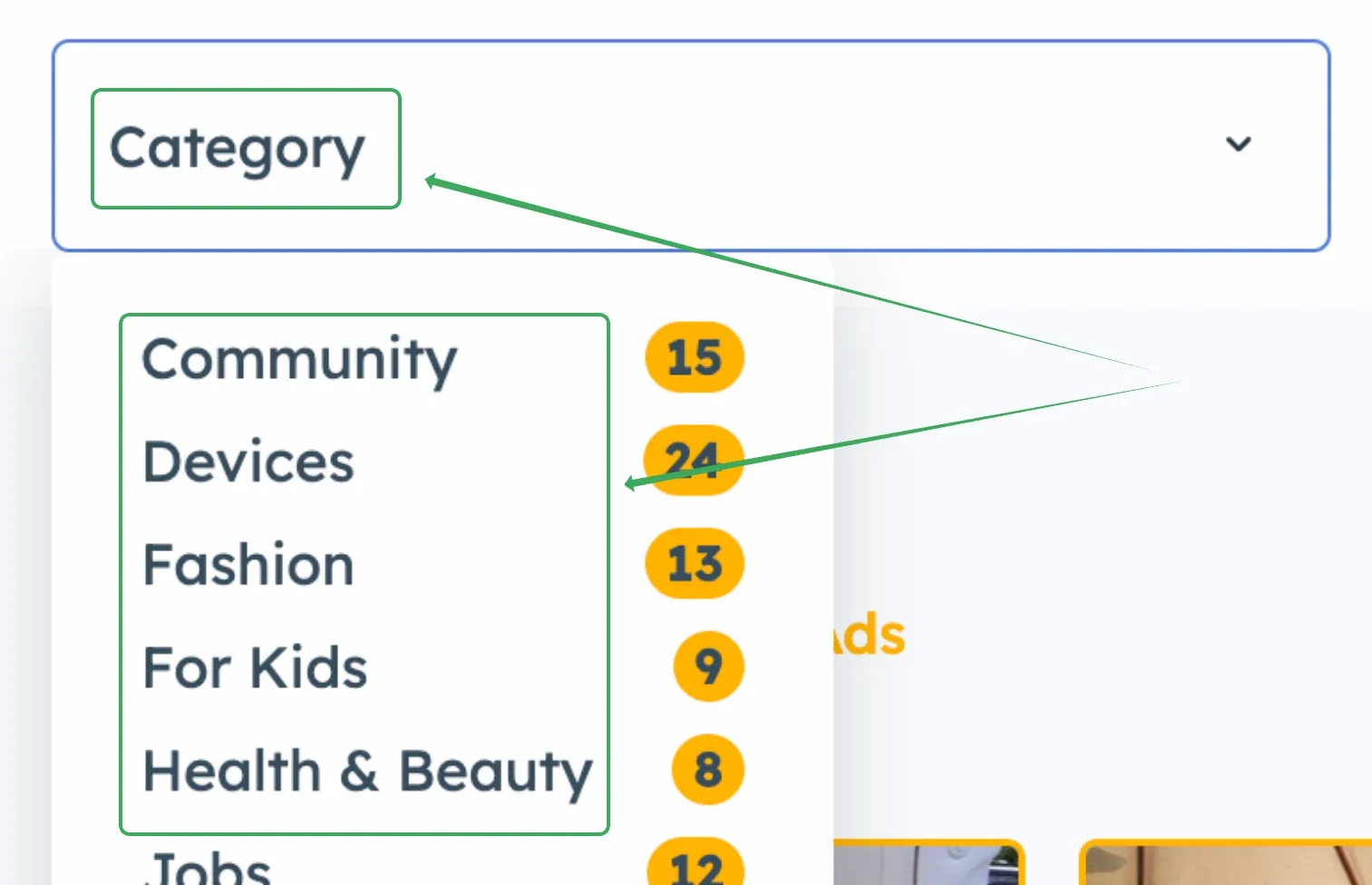 Front-end Category dropdown open, listing Community, Devices, Fashion, For Kids, Health & Beauty and Jobs with the number of ads next to each option.
