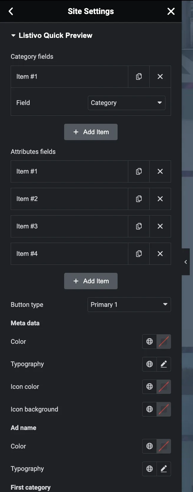 The "Listivo Quick Preview" settings panel with a Category fields item set to Category, four Attributes fields items, a Button type selector and color and typography controls for Meta data, Ad name and First category.