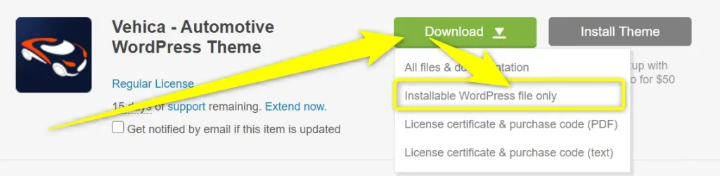The Vehica item on ThemeForest with the green Download menu open and arrows pointing at the Installable WordPress file only entry.