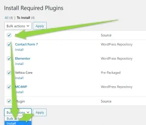 The Install Required Plugins screen with all four plugins ticked and Install chosen in the bulk actions menu.