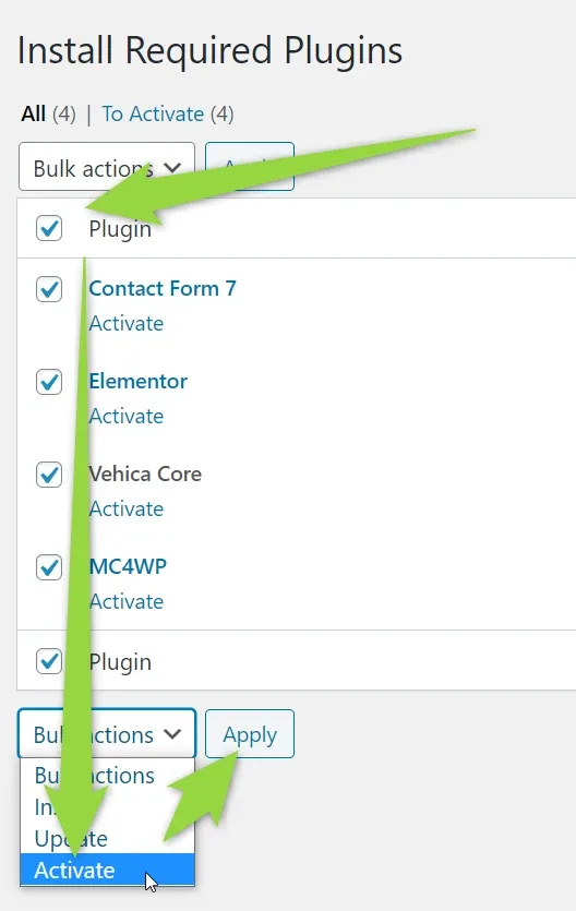The same plugin screen switched to the To Activate tab, with all four plugins ticked and Activate picked in the bulk actions menu beside Apply.