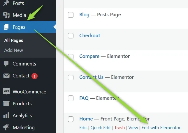 WordPress Pages list with the "Edit with Elementor" link in the row actions of the Home page highlighted.