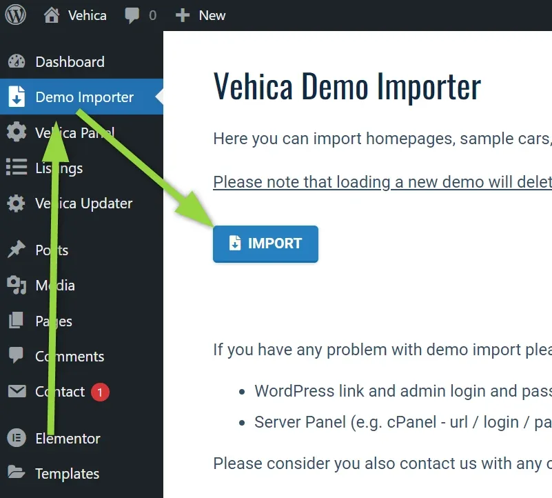 The Vehica Demo Importer reached from the Demo Importer entry in the admin sidebar, with an arrow on its blue Import button.