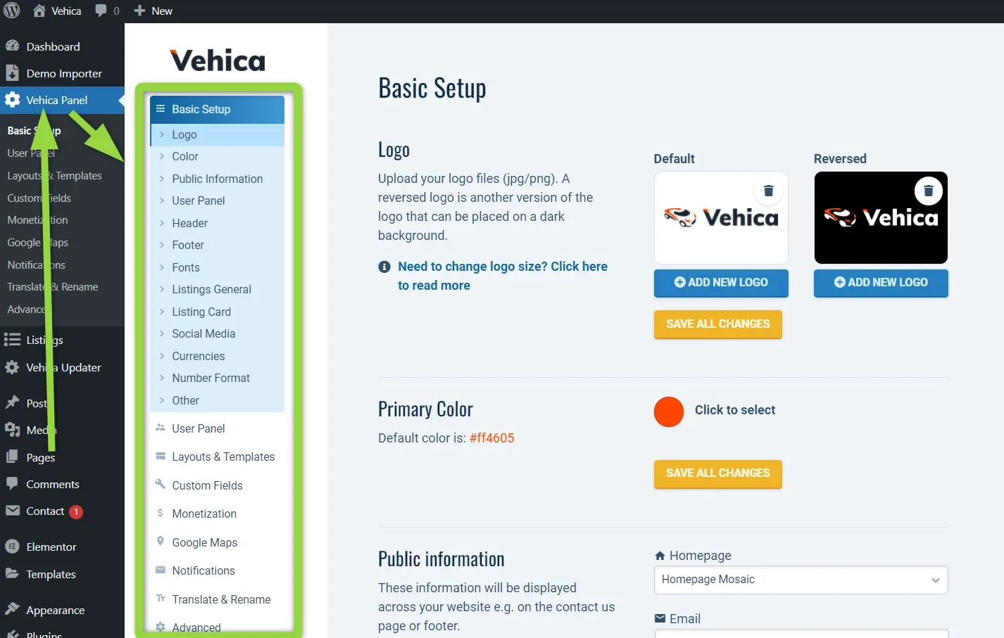 Vehica Panel open on Basic Setup, with the full list of panel sections outlined in the inner sidebar and the logo, primary colour and public information options on the right.