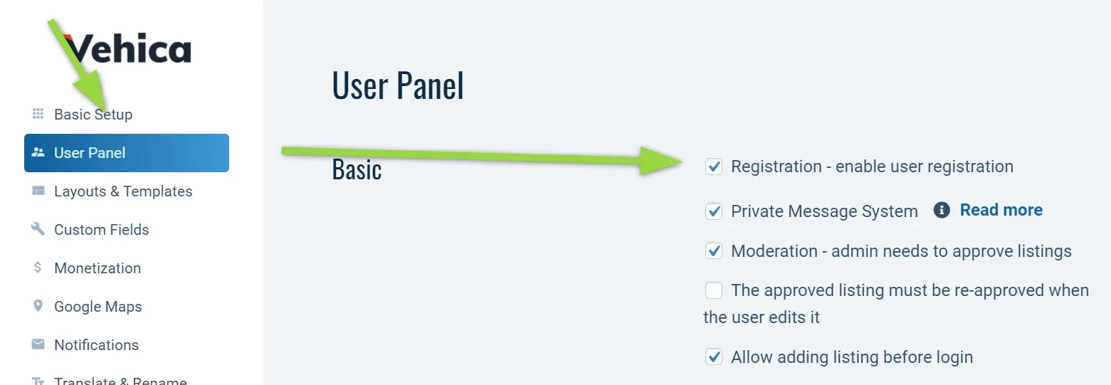 The Basic tab of the User Panel section, with Registration ticked at the top of a list that also covers private messages, moderation and posting before login.