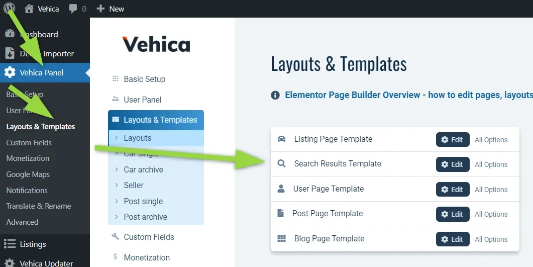 The Layouts & Templates section listing the listing, search results, user, post and blog page templates, each with its own Edit button.
