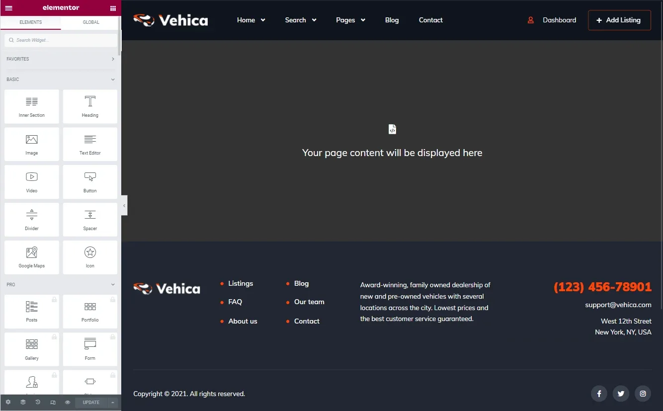 A Vehica layout open in the Elementor editor, where the site header sits above an empty band reading “Your page content will be displayed here” and the footer sits below it.