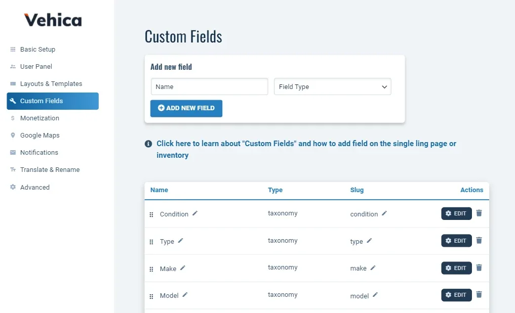 The Custom Fields section, with the Add new field form above a table of the demo fields Condition, Type, Make and Model.