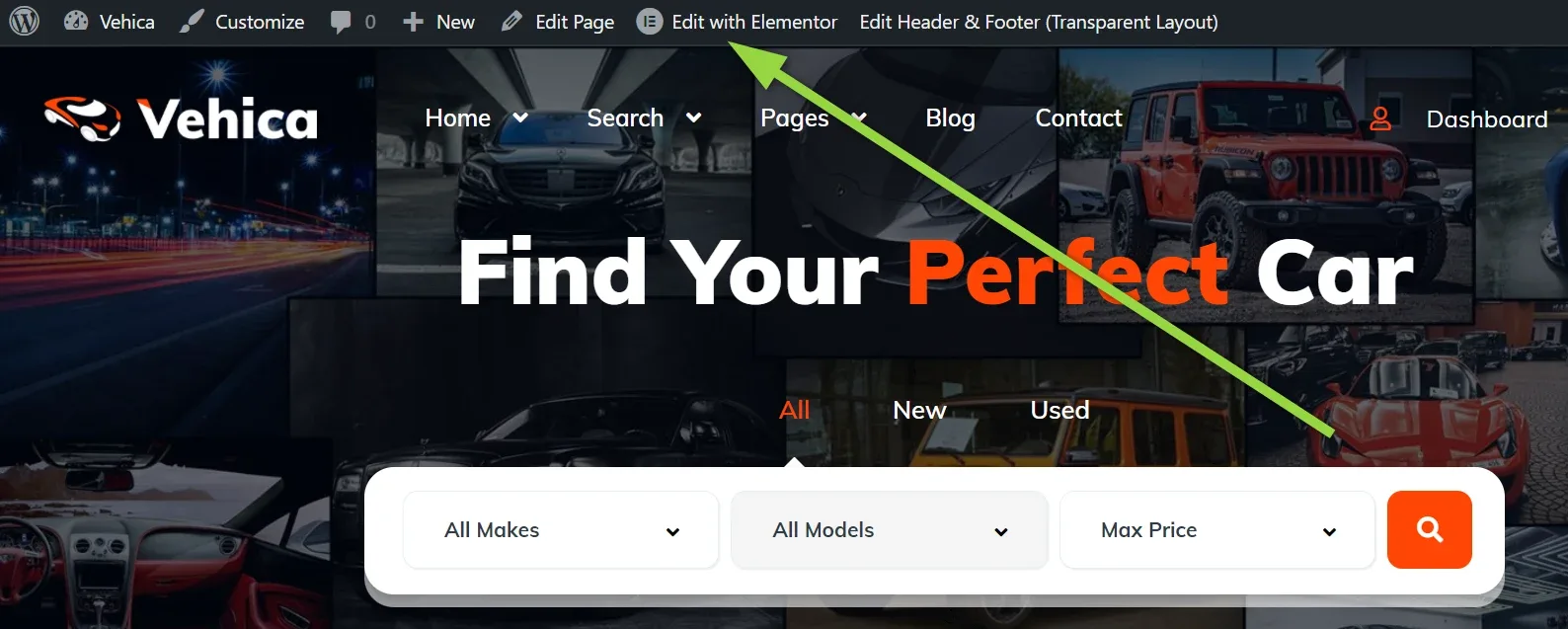 The demo homepage with its “Find Your Perfect Car” hero and search bar, viewed while logged in, with an arrow on Edit with Elementor in the WordPress admin bar.