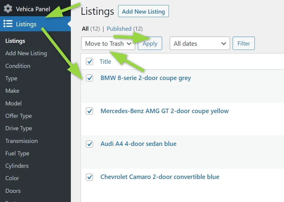 The Listings screen with the demo cars ticked and Move to Trash selected in the bulk actions dropdown.