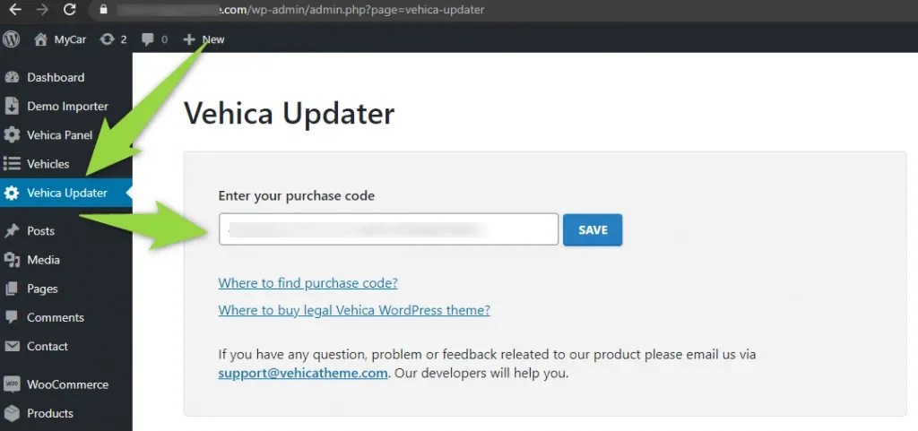 The Vehica Updater page opened from the admin sidebar, with the purchase code field and the Save button beside it.