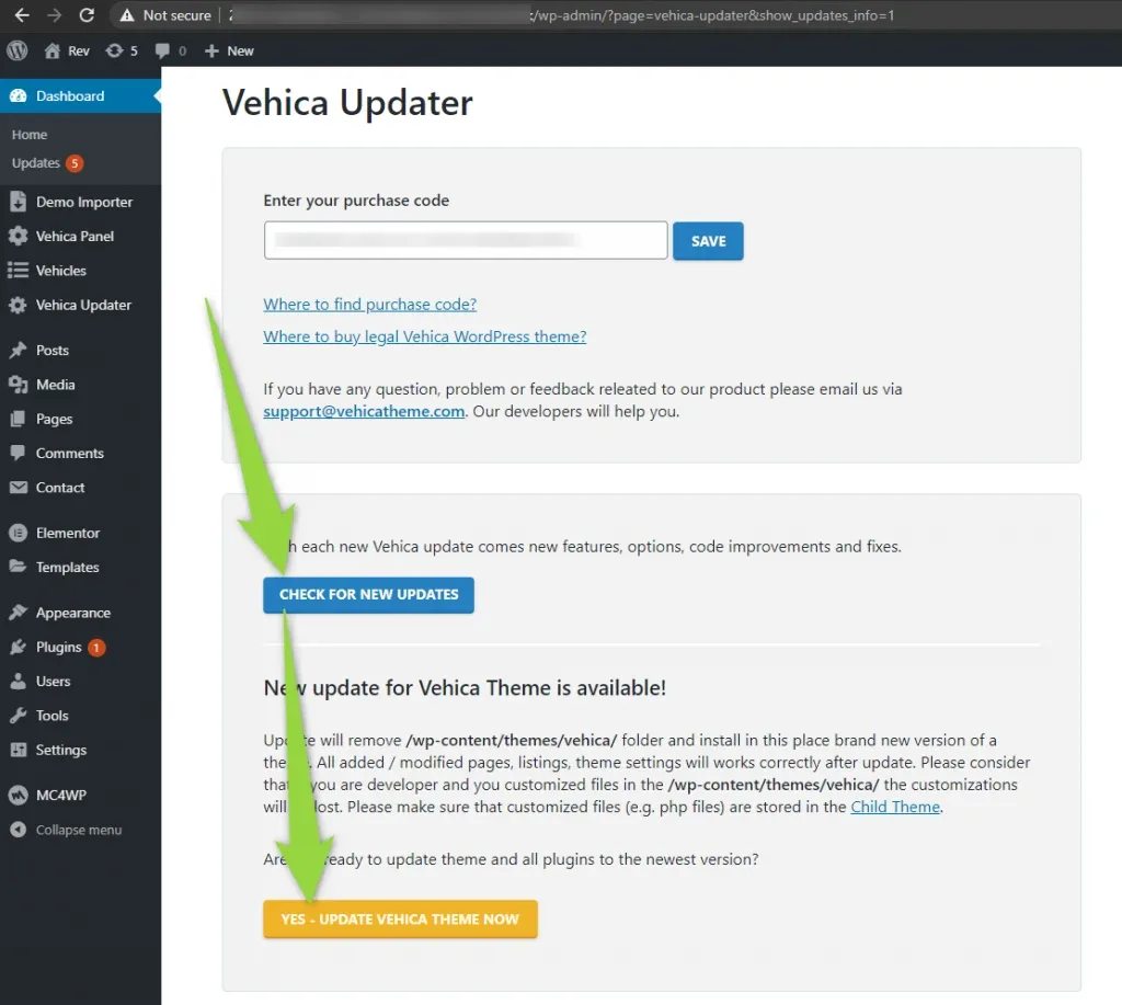 Vehica Updater with the code saved, showing the Check for new updates button and a “New update for Vehica Theme is available!” notice above the yellow Yes – Update Vehica Theme Now button.
