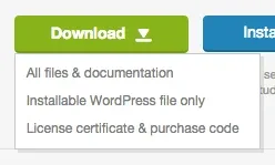 The green Download menu on ThemeForest, open on the three choices: All files & documentation, Installable WordPress file only, and License certificate & purchase code.